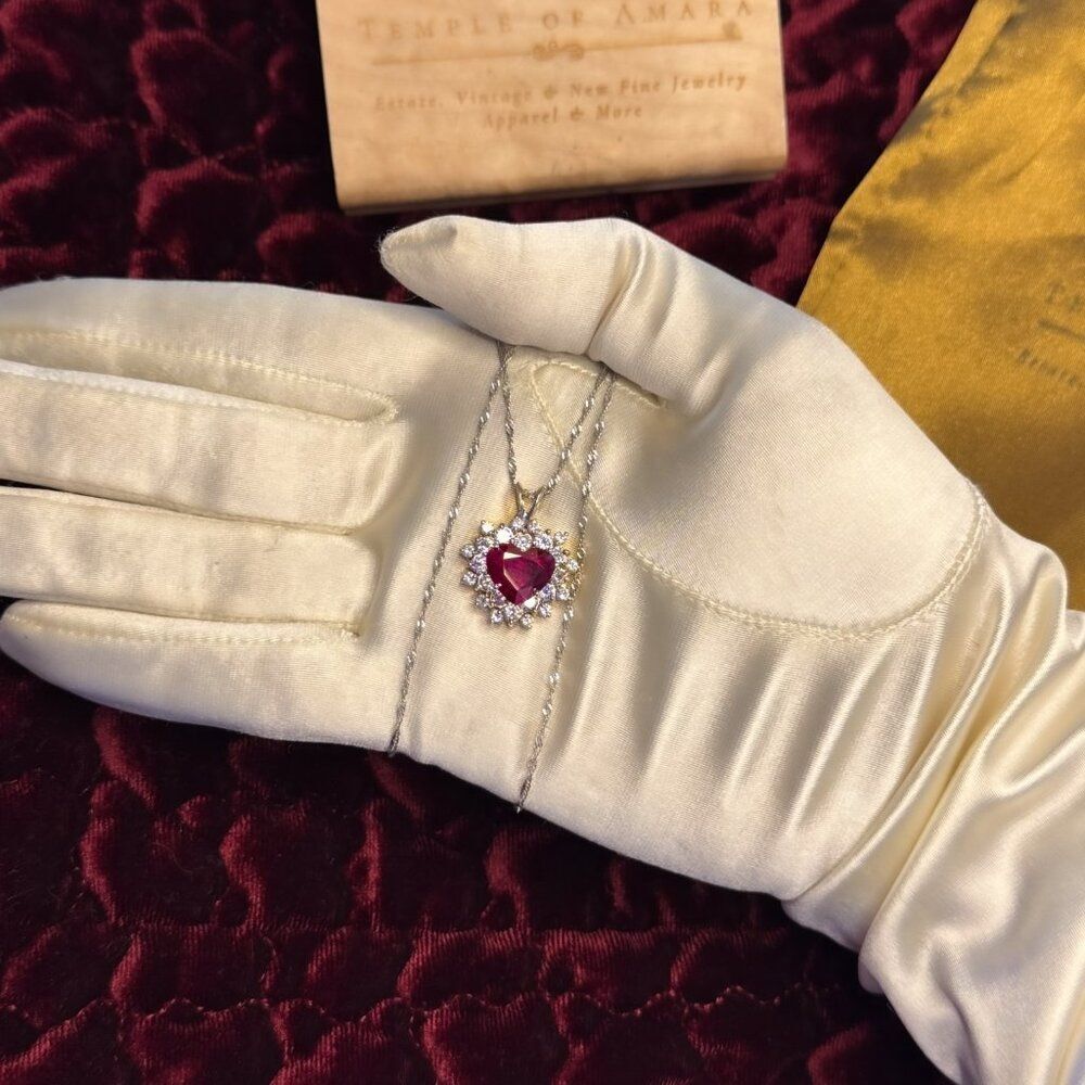 14K White Gold- Natural Ruby & Diamond Necklace -18"- 4.5cttw -Halo Heart -4.9g - Picture 8 of 16